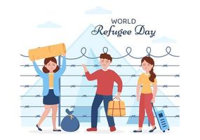 plantilla del día mundial de los refugiados dibujada a mano ilustración plana de dibujos animados con las manos, la familia y escalar la cerca de alambre de púas para emigrar para salvar el lugar vector