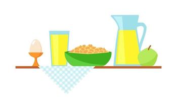 Healthy breakfast vector flat illustration. Design illustration concept for breakfast time. Muesli, glass of juice, apple and egg served on the table.