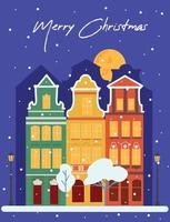 Merry Christmas. New Year's cute houses in the snow, urban buildings in the Scandinavian style. Panorama of cozy city with house exterior, Scandinavian architecture. City street with pipes, smoke. vector