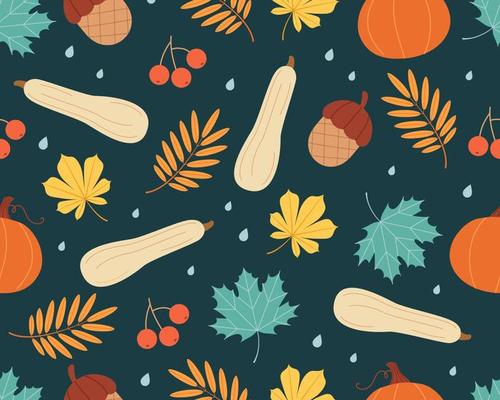Autumn seamless pattern with different leaves, pumpkins and acorn. Flat vector illustration.