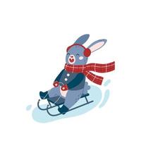 Christmas bunny character. Funny rabbit on a sled. Flat vector illustration.