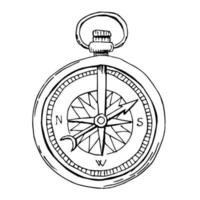 Old vintage nautical compass for map. Hand drawn vector Sketch in retro style. Illustration on white isolated background