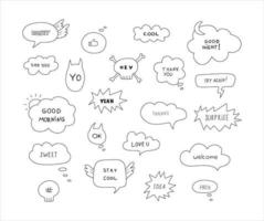 Cute hand drawn doodle vector set speech bubbles with dialog words hey, surprise, welcome, idea, honey. Isolated on white background