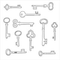 Hand-drawn old key doodle icon set. Vector Illustration in cartoon style on white background