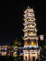 Ancient Pagoda in fenghuang old town in the night time.phoenix ancient town or Fenghuang County is a county of Hunan Province, China photo