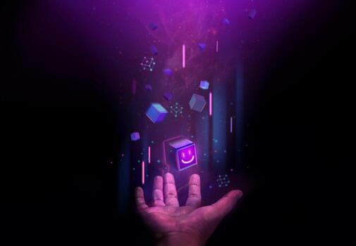 Web3, Blockchain Technology Concepts. Hand Levitating a Digital Smiling Box Icon and many Futuristic Graphic to Connecting the Universe. Space Elements from Nasa photo