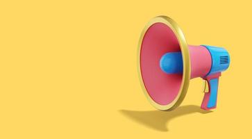 Multicolored megaphone on yellow background with space for text. Sound amplification device. 3d rendering. photo