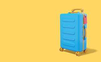 Travel luggage. Multicolored suitcase on yellow background with space for text. 3d rendering. photo