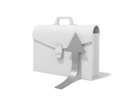 White briefcase with rising silver arrow on white background. Portfolio icon. 3D rendering. photo