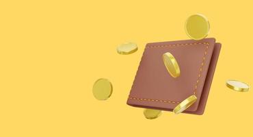 concepto de pago. billetera cerrada con monedas volando sobre fondo amarillo, espacio para banner de texto. ahorro, icono de enriquecimiento. representación 3d foto