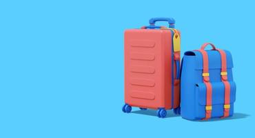 3d rendering. Multicolored suitcase and tourist backpack on blue background with space for text. photo