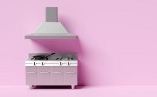 Cocina de restaurante 3d con estufa de gas, campana extractora aislada en fondo rosa. cocina industrial moderna con concepto de equipo, ilustración de renderizado 3d, ruta de recorte foto