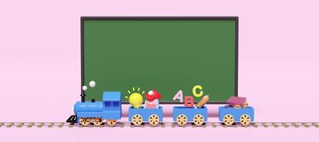 3d blue locomotive with wooden wagons with school supplies, chalkboard isolated on pink background. back to school, knowledge creates idea concept, 3d render illustration, clipping path photo