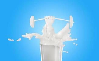 La leche 3d o el yogur se salpican en el vaso con las manos sosteniendo pesas aisladas en el fondo azul. Ilustración de renderizado 3d, incluye trazado de recorte foto