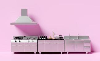 3d restaurant kitchen isolated on pink background. modern industrial kitchen with equipment concept, 3d render illustration, clipping path photo