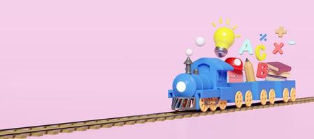 3d blue locomotive with wooden wagons with school supplies, copy space isolated on pink background. back to school, knowledge creates idea concept, 3d render illustration, clipping path photo