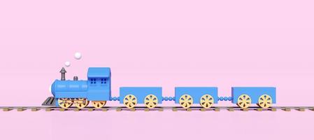 3d blue locomotive steam cartoon with railroad tracks, wagons empty isolated on pink background. train transport toy, summer travel service, planning traveler tourism concept, 3d render illustration photo