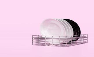 3d dish drying rack for kitchen counter isolated on pink background. trendy style concept, 3d render illustration, clipping path photo