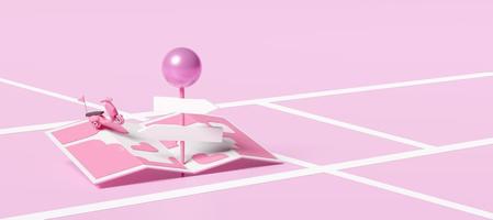 3d pin with motorcycle delivery on the road, map, signboard, signpost, space isolated on pink background. express delivery service concept,  3d render illustration, clipping path photo