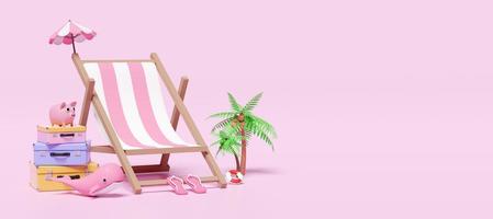 3d summer travel with suitcase stack, beach chair, umbrella, sandals, palm tree, whale, piggy bank, space isolated on pink background. summer travel concept, 3d render illustration, clipping path photo