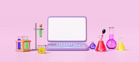 3d laptop computer with beaker, test tube, science experiment kit, space isolated on pink background. room online innovative education, template mockup concept, 3d render illustration photo