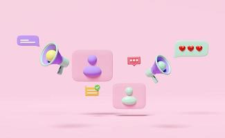 Megáfono 3d con iconos de burbujas de chat aislados en fondo rosa. redes sociales en línea social, concepto de aplicaciones de comunicación, ilustración de renderizado 3d, ruta de recorte foto