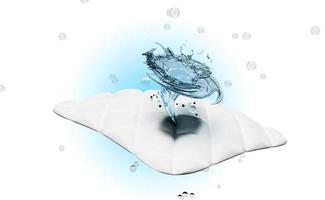 3d washing with a whirlpool, show liquid detergent, vortex, water rotating on the fabric fiber surface, advertising illustration clean with washing powder, isolated on blue background. 3d render photo