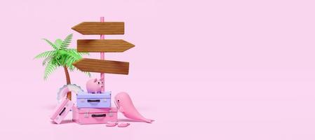 3d summer travel with road signboard, signpost, suitcase stack, sandals, palm tree, whale, piggy bank, lifebuoy, space isolated on pink background. 3d render illustration, clipping path photo