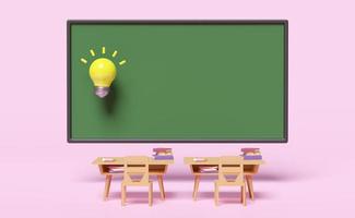 3d green blackboard template with light bulb, wooden school desk cartoon, chair, book isolated on pink background. idea tip concept, 3d render illustration, clipping path photo