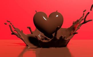 3d heart with hot chocolate splash  for valentine day isolated on red background. 3d render illustration, clipping path photo