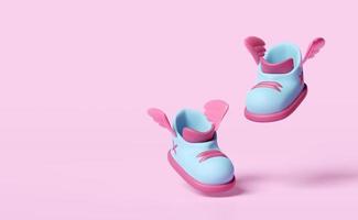 3d blue sneakers with wing isolated on pink background. cute shoes concept, 3d render illustration, clipping path photo