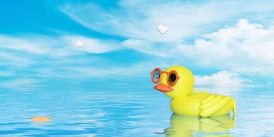El pato inflable 3d flota en el mar con gafas de sol, nubes en el fondo del cielo azul. concepto de viaje de verano, ilustración de presentación 3d foto