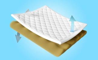 3d layered sheet material mattress with soft sponge, fabric, rubber, arrow isolated on blue background. minimal abstract, 3d render illustration, clipping path photo