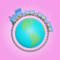 service transport travel around the world in a blue steam locomotive isolated on pink background. globe tourism train, 3d render illustration, clipping path photo