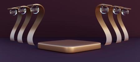 Elegant podium with  abstract art objects. Stand to show products. Stage showcase with copy space. Pedestal display. Banner size. Website cover template. 3D rendering. photo