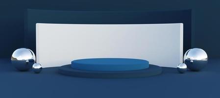 Deep blue podium with abstract art objects. Stand to show products. Stage showcase with copy space. Pedestal display. Banner size. Website cover template. 3D rendering. photo