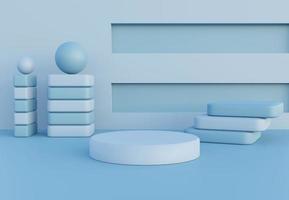 Blue podium with abstract art objects. Stand to show products. Stage showcase with modern scene. Pedestal display with copy space in blue shades. 3D rendering. Studio platform template. photo