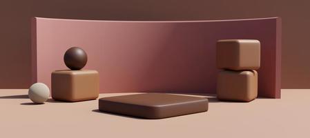 Display podium with abstract objects. Stand to show products. Stage showcase with copy space. Pedestal display. Banner size. Website cover template. 3D rendering. photo