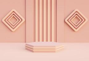 Beige podium with abstract art objects. Stand to show products. Stage showcase with modern scene. Pedestal display with copy space. 3D rendering. Studio platform template.