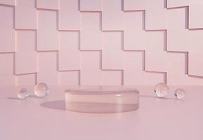 Clear glass cylinder podium with pink abstract wall. Stand to show products. Stage showcase with pastel minimal scene. Pedestal display with copy space. 3D rendering. Studio platform template.
