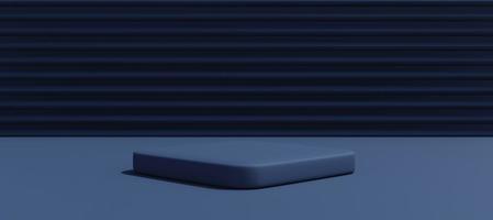 Modern dark blue podium with  abstract stripes wall. Stand to show products. Stage showcase with copy space. Pedestal display. Banner size. Website cover template. 3D rendering. photo