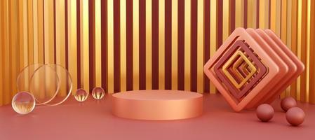 Metallic coral podium with abstract geometric objects. Stand to show products. Stage showcase with copy space. Pedestal display. Banner size. Website cover template. 3D rendering.