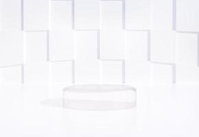 Clear glass podium with abstract white background. Stand to show products. Stage showcase with modern scene. Pedestal display with copy space. 3D rendering. Studio platform template. photo