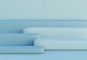 Blue podium with abstract art objects. Stand to show products. Stage showcase with modern scene. Pedestal display with copy space in blue shades. 3D rendering. Studio platform template. photo