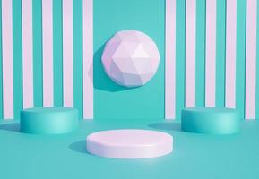 Light purple podium with cyan abstract art objects. Stand to show products. Stage showcase with modern scene. Pedestal display with copy space. 3D rendering. Studio platform template. photo