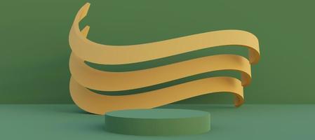 Green podium with abstract art objects. Stand to show products. Stage showcase with copy space. Pedestal display. Banner size. Website cover template. 3D rendering. photo