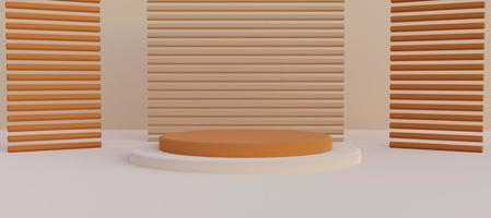 Orange podium with abstract wall panels. Stand to show products. Stage showcase with copy space. Pedestal display in warm tone. Banner size. Website cover template. 3D rendering. photo