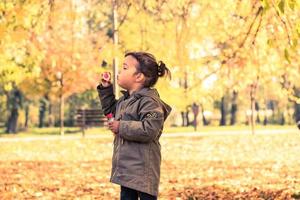 Small girl blowing bubbles with bubble wand in autumn park. photo