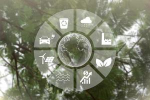 símbolo global eco negocio sostenible en la conexión de red en el fondo del árbol verde icono ambiental esg y concepto de cero neto. foto
