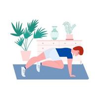 Man doing plank exercise vector illustration. Man doing fitness exercises at home isolated